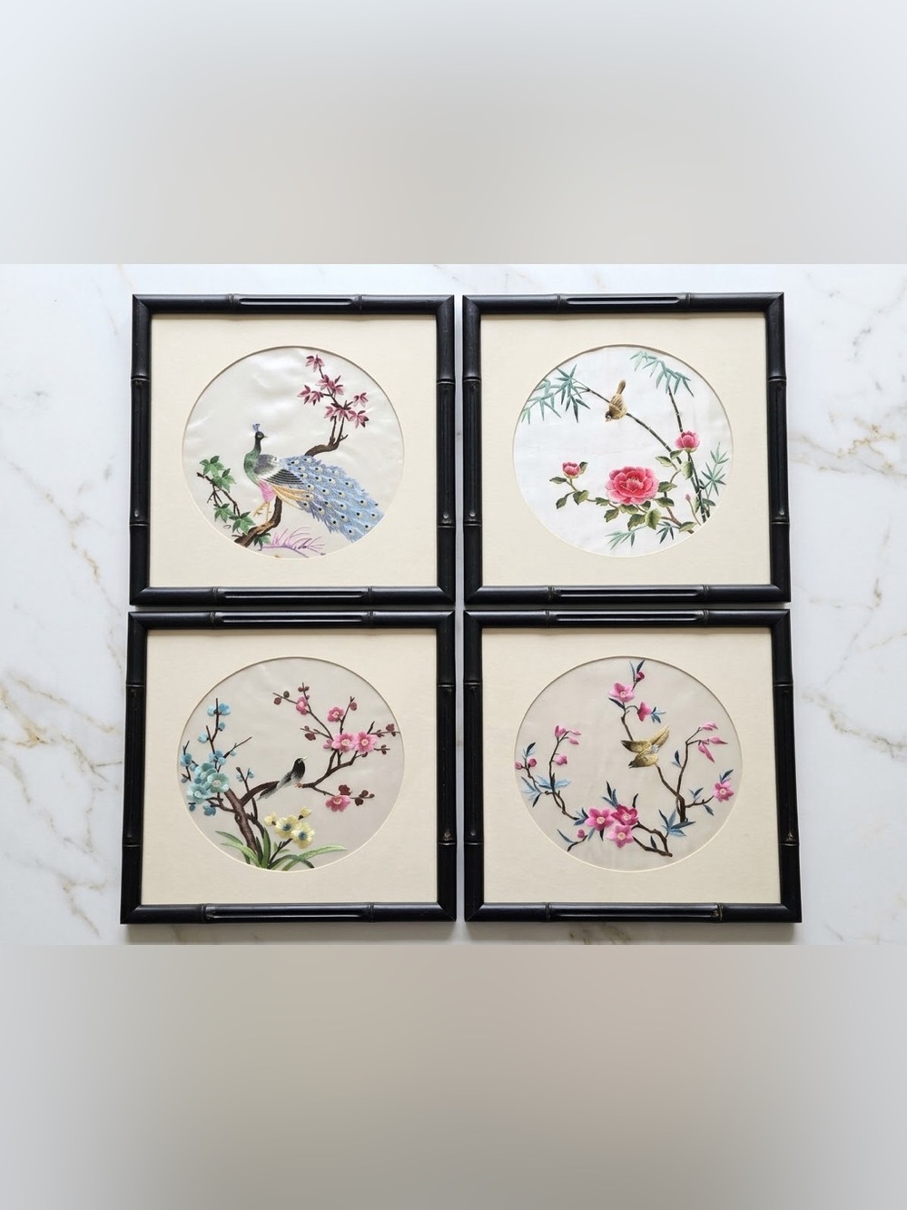 Chinese Hand Embroidered Birds and Flowers on Silk w Circular Matt-New 12”x12”
